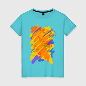 Женская футболка хлопок с принтом Яркость красок , 100% хлопок | прямой крой, круглый вырез горловины, длина до линии бедер, слегка спущенное плечо | art | orange | print | брызги | краски | принт | пятна | творчество | яркость