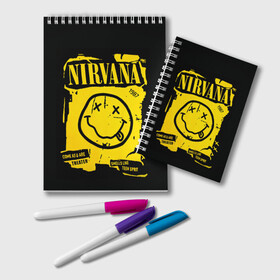 Блокнот с принтом Nirvana 1987 , 100% бумага | 48 листов, плотность листов — 60 г/м2, плотность картонной обложки — 250 г/м2. Листы скреплены удобной пружинной спиралью. Цвет линий — светло-серый
 | album | curt | kobain | logo | music | nevermind | nirvana | rock | smells like | smile | teen spirit | альбом | гитара | курт кобейн | логотип | музыка | невермайнд | нирвана | рок | смайл | стикер