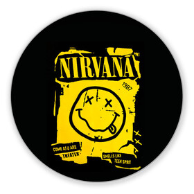 Коврик для мышки круглый с принтом Nirvana 1987 , резина и полиэстер | круглая форма, изображение наносится на всю лицевую часть | album | curt | kobain | logo | music | nevermind | nirvana | rock | smells like | smile | teen spirit | альбом | гитара | курт кобейн | логотип | музыка | невермайнд | нирвана | рок | смайл | стикер