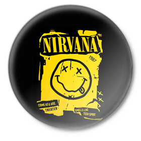 Значок с принтом Nirvana 1987 ,  металл | круглая форма, металлическая застежка в виде булавки | album | curt | kobain | logo | music | nevermind | nirvana | rock | smells like | smile | teen spirit | альбом | гитара | курт кобейн | логотип | музыка | невермайнд | нирвана | рок | смайл | стикер