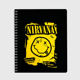 Тетрадь с принтом Nirvana 1987 , 100% бумага | 48 листов, плотность листов — 60 г/м2, плотность картонной обложки — 250 г/м2. Листы скреплены сбоку удобной пружинной спиралью. Уголки страниц и обложки скругленные. Цвет линий — светло-серый
 | album | curt | kobain | logo | music | nevermind | nirvana | rock | smells like | smile | teen spirit | альбом | гитара | курт кобейн | логотип | музыка | невермайнд | нирвана | рок | смайл | стикер