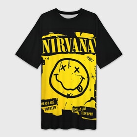 Платье-футболка 3D с принтом Nirvana 1987 ,  |  | album | curt | kobain | logo | music | nevermind | nirvana | rock | smells like | smile | teen spirit | альбом | гитара | курт кобейн | логотип | музыка | невермайнд | нирвана | рок | смайл | стикер