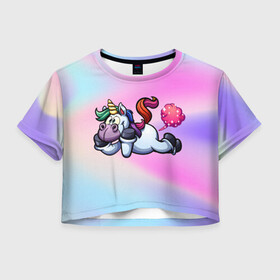 Женская футболка Crop-top 3D с принтом Озорной единорог , 100% полиэстер | круглая горловина, длина футболки до линии талии, рукава с отворотами | блестки | градиент | единорог | лошадь | пук | радуга | улыбка