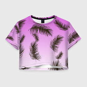 Женская футболка Crop-top 3D с принтом Тропический Закат , 100% полиэстер | круглая горловина, длина футболки до линии талии, рукава с отворотами | tropics | горизонт | закат | лето | листья | листья пальмы | пальма | пляжная | рассвет | тропики