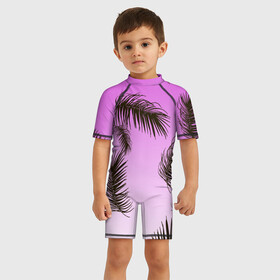 Детский купальный костюм 3D с принтом Тропический Закат , Полиэстер 85%, Спандекс 15% | застежка на молнии на спине | tropics | горизонт | закат | лето | листья | листья пальмы | пальма | пляжная | рассвет | тропики