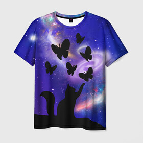 Мужская футболка 3D с принтом КотоКосмос , 100% полиэфир | прямой крой, круглый вырез горловины, длина до линии бедер | butterfly | cat | cats | cosmo | cosmos | kitten | бабочки | звезды | космос | котик | кошак | кошка | млечный путь | созвездия