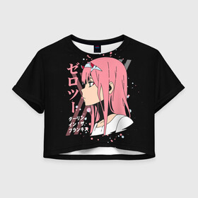 Женская футболка Crop-top 3D с принтом Darling in the Franxx Zero Two , 100% полиэстер | круглая горловина, длина футболки до линии талии, рукава с отворотами | 02 | anime girl | darling in the franxx | zero two | аниме | дарлинг во франксе | девушка с розовыми волосами | манга | милый во франксе | ноль два | розовые волосы | тян