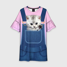 Детское платье 3D с принтом Котенок в кармане , 100% полиэстер | прямой силуэт, чуть расширенный к низу. Круглая горловина, на рукавах — воланы | Тематика изображения на принте: в кармане | в кармашке | животные | комбинезон | кот | котенок | котик | кошка