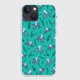 Чехол для iPhone 13 mini с принтом Осьминоги и водоросли ,  |  | nature | ocean | octopus | вода | водоросли | детям | животные | зелень | кальмар | лето | море | морские жители | мультяшный | мятный | океан | острова | осьминоги | отдых | отпуск | пляж | под водой | природа
