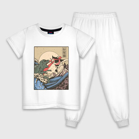 Детская пижама хлопок с принтом Cat Kong versus Godzilla Kaiju , 100% хлопок |  брюки и футболка прямого кроя, без карманов, на брюках мягкая резинка на поясе и по низу штанин
 | catzilla | japan | kitty | poster parody | samurai | ukiyo e | wave | арт | большая волна | гигантский котёнок | гигантский монстр | годзилла против кинг конга | кайдзю | кот | котзилла | котик | котята | пародия на постер