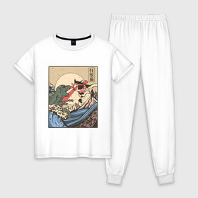 Женская пижама хлопок с принтом Cat Kong versus Godzilla Kaiju , 100% хлопок | брюки и футболка прямого кроя, без карманов, на брюках мягкая резинка на поясе и по низу штанин | catzilla | japan | kitty | poster parody | samurai | ukiyo e | wave | арт | большая волна | гигантский котёнок | гигантский монстр | годзилла против кинг конга | кайдзю | кот | котзилла | котик | котята | пародия на постер