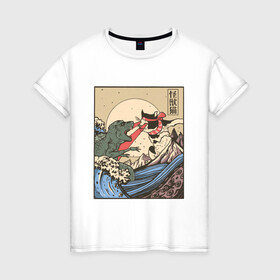 Женская футболка хлопок с принтом Cat Kong versus Godzilla Kaiju , 100% хлопок | прямой крой, круглый вырез горловины, длина до линии бедер, слегка спущенное плечо | catzilla | japan | kitty | poster parody | samurai | ukiyo e | wave | арт | большая волна | гигантский котёнок | гигантский монстр | годзилла против кинг конга | кайдзю | кот | котзилла | котик | котята | пародия на постер
