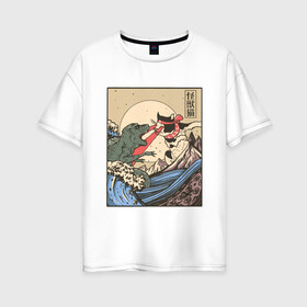 Женская футболка хлопок Oversize с принтом Cat Kong versus Godzilla Kaiju , 100% хлопок | свободный крой, круглый ворот, спущенный рукав, длина до линии бедер
 | Тематика изображения на принте: catzilla | japan | kitty | poster parody | samurai | ukiyo e | wave | арт | большая волна | гигантский котёнок | гигантский монстр | годзилла против кинг конга | кайдзю | кот | котзилла | котик | котята | пародия на постер