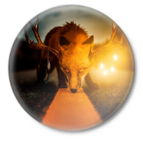 Значок с принтом Лиса с рогами оленя ,  металл | круглая форма, металлическая застежка в виде булавки | Тематика изображения на принте: fox | foxy | животное | звери | лиса | лисенок | лисичка | милая | рыжая | фокс