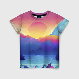 Детская футболка 3D с принтом Красочные Горы , 100% гипоаллергенный полиэфир | прямой крой, круглый вырез горловины, длина до линии бедер, чуть спущенное плечо, ткань немного тянется | горы | красочные горы | минимализм | море | небо | природа | рисунок | солнце