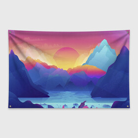 Флаг-баннер с принтом Красочные Горы , 100% полиэстер | размер 67 х 109 см, плотность ткани — 95 г/м2; по краям флага есть четыре люверса для крепления | горы | красочные горы | минимализм | море | небо | природа | рисунок | солнце