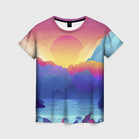 Женская футболка 3D с принтом Красочные Горы , 100% полиэфир ( синтетическое хлопкоподобное полотно) | прямой крой, круглый вырез горловины, длина до линии бедер | горы | красочные горы | минимализм | море | небо | природа | рисунок | солнце