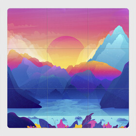 Магнитный плакат 3Х3 с принтом Красочные Горы , Полимерный материал с магнитным слоем | 9 деталей размером 9*9 см | горы | красочные горы | минимализм | море | небо | природа | рисунок | солнце