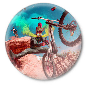Значок с принтом Riders Republic ,  металл | круглая форма, металлическая застежка в виде булавки | riders republic | велосипед | гонки | игра | человек | экстрим