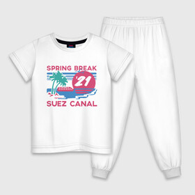 Детская пижама хлопок с принтом Spring Break , 100% хлопок |  брюки и футболка прямого кроя, без карманов, на брюках мягкая резинка на поясе и по низу штанин
 | Тематика изображения на принте: 21 | break | spring | suez | арт | баржа | в | весенние | египет | египте | каникулы | контейнеровоз | корабль | море | отдых | пальмы | солнце | суэцкий | число