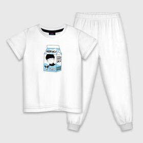 Детская пижама хлопок с принтом MOB LOVES MILK | МОБ ПСИХО 100 , 100% хлопок |  брюки и футболка прямого кроя, без карманов, на брюках мягкая резинка на поясе и по низу штанин
 | Тематика изображения на принте: 100 | anime | milk | milk package | mob | mob loves milk | mob psycho 100 | psycho | аниме | аниме герои | герои | еспер | кагеяма | кежуал | корова | коровка | манга | моб | моб психо 100 | молоко | пакет молока | психо | сигео | шигео | шигео