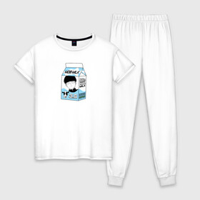 Женская пижама хлопок с принтом MOB LOVES MILK МОБ ПСИХО 100 , 100% хлопок | брюки и футболка прямого кроя, без карманов, на брюках мягкая резинка на поясе и по низу штанин | Тематика изображения на принте: 100 | anime | milk | milk package | mob | mob loves milk | mob psycho 100 | psycho | аниме | аниме герои | герои | еспер | кагеяма | кежуал | корова | коровка | манга | моб | моб психо 100 | молоко | пакет молока | психо | сигео | шигео | шигео