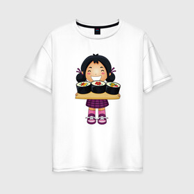 Женская футболка хлопок Oversize с принтом Приятного аппетита! , 100% хлопок | свободный крой, круглый ворот, спущенный рукав, длина до линии бедер
 | гунканы | роллы | суши | японочка | японская еда