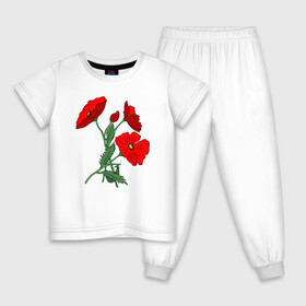 Детская пижама хлопок с принтом Букет маковых цветов , 100% хлопок |  брюки и футболка прямого кроя, без карманов, на брюках мягкая резинка на поясе и по низу штанин
 | flowers | nature | poppies | алые | арт | букет | бутоны | весна | ветки | зелень | красные маки | красные цветы | лепестки | лето | листья | любовь | маки | подарок | полевые цветы | природа | растения | рисунок | сад