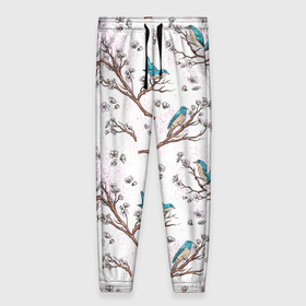 Женские брюки 3D с принтом Птички весной на ветках Сакуры , полиэстер 100% | прямой крой, два кармана без застежек по бокам, с мягкой трикотажной резинкой на поясе и по низу штанин. В поясе для дополнительного комфорта — широкие завязки | bird | birds | branch | cherry blossom | japan | japanese | pattern | plum | sakura | spring | tree | весна | ветки | вишня | дерево | дрозды | на ветках | паттерн | птица | синий дрозд | слива | узор | ханами | цветение сакуры | япония