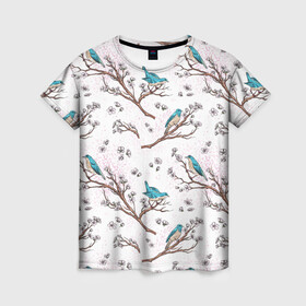 Женская футболка 3D с принтом Птички весной на ветках Сакуры , 100% полиэфир ( синтетическое хлопкоподобное полотно) | прямой крой, круглый вырез горловины, длина до линии бедер | bird | birds | branch | cherry blossom | japan | japanese | pattern | plum | sakura | spring | tree | весна | ветки | вишня | дерево | дрозды | на ветках | паттерн | птица | синий дрозд | слива | узор | ханами | цветение сакуры | япония