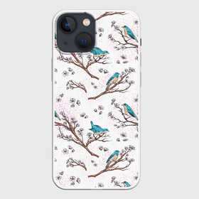 Чехол для iPhone 13 mini с принтом Птички весной на ветках Сакуры ,  |  | bird | birds | branch | cherry blossom | japan | japanese | pattern | plum | sakura | spring | tree | весна | ветки | вишня | дерево | дрозды | на ветках | паттерн | птица | синий дрозд | слива | узор | ханами | цветение сакуры | япония