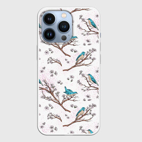 Чехол для iPhone 13 Pro с принтом Птички весной на ветках Сакуры ,  |  | bird | birds | branch | cherry blossom | japan | japanese | pattern | plum | sakura | spring | tree | весна | ветки | вишня | дерево | дрозды | на ветках | паттерн | птица | синий дрозд | слива | узор | ханами | цветение сакуры | япония