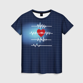 Женская футболка 3D с принтом Ритм Сердца , 100% полиэфир ( синтетическое хлопкоподобное полотно) | прямой крой, круглый вырез горловины, длина до линии бедер | heart | love | врачу | доктору | кардиолог | медбрат | медику | медицина | медсестра | подарок | пульс | сердце | скорая помощь
