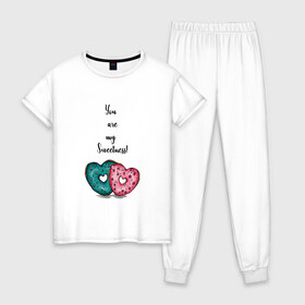 Женская пижама хлопок с принтом Пончики сердце , 100% хлопок | брюки и футболка прямого кроя, без карманов, на брюках мягкая резинка на поясе и по низу штанин | глазурь | десерт | надпись | пончики | сердце | сладость