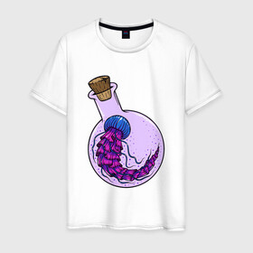 Мужская футболка хлопок с принтом Лабораторная медуза , 100% хлопок | прямой крой, круглый вырез горловины, длина до линии бедер, слегка спущенное плечо. | колба | лабораторная | медуза | пробирка | тропическая | щупальце