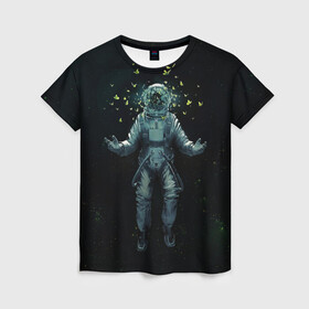 Женская футболка 3D с принтом Космонавт и бабочки , 100% полиэфир ( синтетическое хлопкоподобное полотно) | прямой крой, круглый вырез горловины, длина до линии бедер | бабочки | космонавт | космонавтика | космос | скафандр