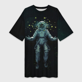 Платье-футболка 3D с принтом Космонавт и бабочки ,  |  | Тематика изображения на принте: бабочки | космонавт | космонавтика | космос | скафандр