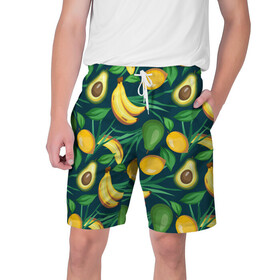Мужские шорты 3D с принтом Фрукты ,  полиэстер 100% | прямой крой, два кармана без застежек по бокам. Мягкая трикотажная резинка на поясе, внутри которой широкие завязки. Длина чуть выше колен | Тематика изображения на принте: avokado | авокадо | бананы | лимоны | фрукты