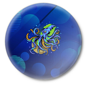 Значок с принтом Красочный Осьминог ,  металл | круглая форма, металлическая застежка в виде булавки | краски | море | океан | осьминог | подводный мир | щупальцы