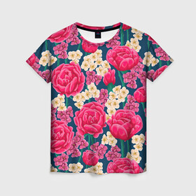 Женская футболка 3D с принтом Поле роз , 100% полиэфир ( синтетическое хлопкоподобное полотно) | прямой крой, круглый вырез горловины, длина до линии бедер | арт | белые цветы | белый цветок | красный цветок | поле | поле цветов | рисунок | роза | розы | цветок | цветы