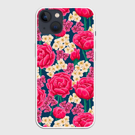 Чехол для iPhone 13 с принтом Поле роз ,  |  | арт | белые цветы | белый цветок | красный цветок | поле | поле цветов | рисунок | роза | розы | цветок | цветы