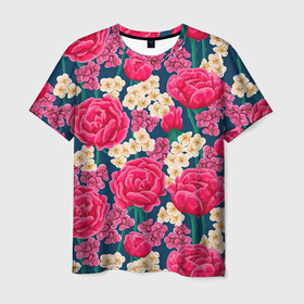 Мужская футболка 3D с принтом Поле роз , 100% полиэфир | прямой крой, круглый вырез горловины, длина до линии бедер | арт | белые цветы | белый цветок | красный цветок | поле | поле цветов | рисунок | роза | розы | цветок | цветы