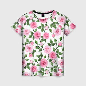 Женская футболка 3D с принтом Розы , 100% полиэфир ( синтетическое хлопкоподобное полотно) | прямой крой, круглый вырез горловины, длина до линии бедер | арт | куст роз | кусты | кусты роз | листок | листья | поле | поле цветов | рисунок | роза | розовая роза | розовые розы | розы | стебель | цветок | цветы
