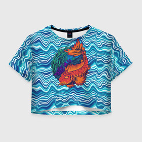 Женская футболка Crop-top 3D с принтом Fishing planet Огненная рыба , 100% полиэстер | круглая горловина, длина футболки до линии талии, рукава с отворотами | Тематика изображения на принте: fishing planet | волны | море | огненная рыба | река | рыба | рыбак | рыбалка | рыбка