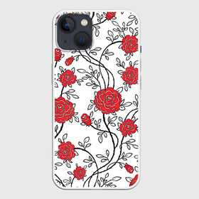 Чехол для iPhone 13 с принтом Куст роз ,  |  | арт | красные цветы | красный цветок | куст | куст роз | кусты | листок | листья | поле | поле цветов | рисунок | роза | розы | цветок | цветы | шип | шипы
