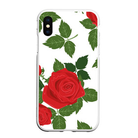 Чехол для iPhone XS Max матовый с принтом Большие розы , Силикон | Область печати: задняя сторона чехла, без боковых панелей | арт | белый | большие бутоны | большие розы | большой бутон | зелёный | красная роза | красные розы | красные цветы | красный | красный цветок | листок | листья | поле | поле цветов | рисунок | роза
