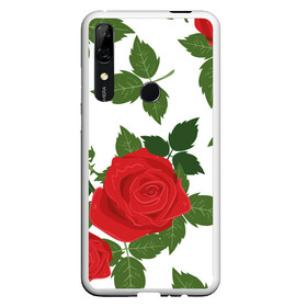 Чехол для Honor P Smart Z с принтом Большие розы , Силикон | Область печати: задняя сторона чехла, без боковых панелей | арт | белый | большие бутоны | большие розы | большой бутон | зелёный | красная роза | красные розы | красные цветы | красный | красный цветок | листок | листья | поле | поле цветов | рисунок | роза
