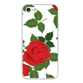 Чехол для iPhone 5/5S матовый с принтом Большие розы , Силикон | Область печати: задняя сторона чехла, без боковых панелей | арт | белый | большие бутоны | большие розы | большой бутон | зелёный | красная роза | красные розы | красные цветы | красный | красный цветок | листок | листья | поле | поле цветов | рисунок | роза