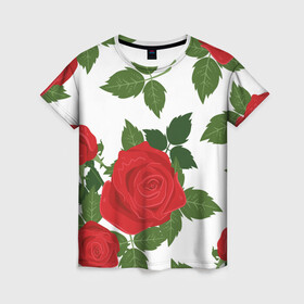 Женская футболка 3D с принтом Большие розы , 100% полиэфир ( синтетическое хлопкоподобное полотно) | прямой крой, круглый вырез горловины, длина до линии бедер | арт | белый | большие бутоны | большие розы | большой бутон | зелёный | красная роза | красные розы | красные цветы | красный | красный цветок | листок | листья | поле | поле цветов | рисунок | роза