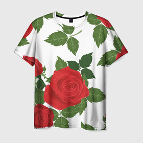 Мужская футболка 3D с принтом Большие розы , 100% полиэфир | прямой крой, круглый вырез горловины, длина до линии бедер | арт | белый | большие бутоны | большие розы | большой бутон | зелёный | красная роза | красные розы | красные цветы | красный | красный цветок | листок | листья | поле | поле цветов | рисунок | роза
